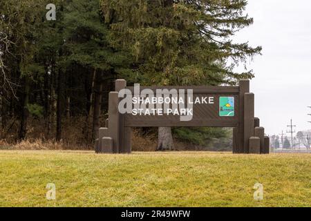 Cartello d'ingresso allo Shabbona Lake state Park in Illinois Foto Stock