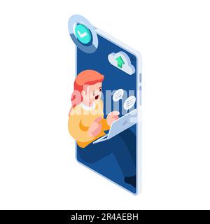 Flat 3D Isometric Businesswoman che lavora all'interno dello smartphone. Concetto di lavoro online e lavoro da casa. Illustrazione Vettoriale