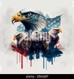 Su sfondo bianco, un disegno acquerello di un soldato americano, figure americane che hanno firmato la dichiarazione di indipendenza e aquile sullo sfondo della bandiera. . Illustrazione vettoriale Illustrazione Vettoriale