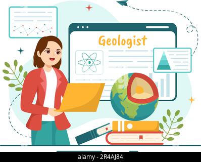 Illustrazione vettoriale del geologo con analisi del suolo e caratteristiche della Terra per la scienza, la ricerca o la spedizione in Cartoon piano modelli disegnati a mano Illustrazione Vettoriale