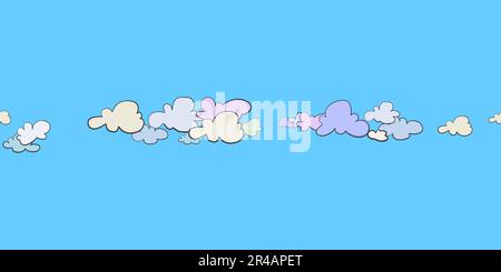 Modello senza cuciture di nuvole, nuvole di tuoni disegnate a mano in stile cartoon. Illustrazione vettoriale di icone meteo isolate su sfondo blu. Meteo Illustrazione Vettoriale