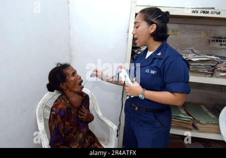 US Navy Hospital Corpsman terza classe prende la temperatura di un paziente indonesiano in una clinica nel villaggio di Apui, Indonesia. Foto Stock