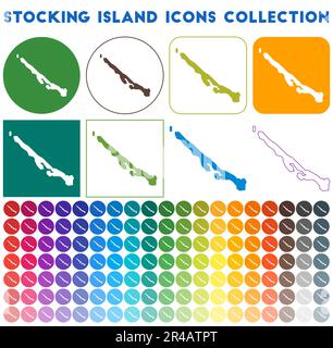 Collezione icone dell'isola di stoccaggio. Icone luminose e colorate alla moda. Distintivo Modern Stocking Island. Illustrazione vettoriale. Illustrazione Vettoriale