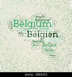 Forma belga con nomi di paese parola nuvola in più lingue. Mappa dei confini del Belgio su triangoli di classe sparsi per tutto il mondo. Illustrazione Vettoriale