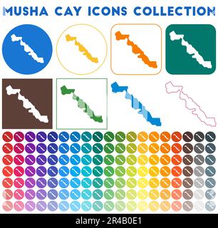 Collezione di icone Musha Cay. Icone luminose e colorate alla moda. Badge Musha Cay moderno con mappa dell'isola. Illustrazione vettoriale. Illustrazione Vettoriale
