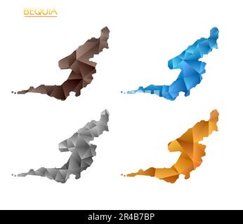 Set di mappe poligonali vettoriali di Bequia. Mappa dell'isola con gradiente luminoso in basso stile polietilene. Illustrazione Vettoriale
