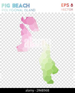 Mappa poligonale di Pig Beach, isola in stile mosaico. Fresco e basso stile poly, design moderno. Mappa poligonale di Pig Beach per infografiche o presentazioni. Illustrazione Vettoriale