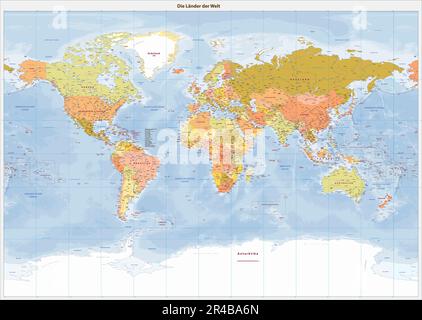 Mappa del mondo politico dettagliata proiezione Miller in lingua tedesca Illustrazione Vettoriale