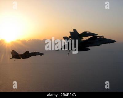 US Navy due F-A-18C Hornets e un F-14D Tomcat volano in una formazione sciolta con i loro ganci di coda giù. Foto Stock
