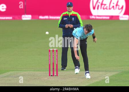 26 maggio, 2023. Londra, Regno Unito. Il bowling Sean Abbott di Surrey, mentre il Surrey prende il Kent nella partita di cricket Vitality T20 Blast al Kia Oval. David Rowe/Alamy Live News. Foto Stock