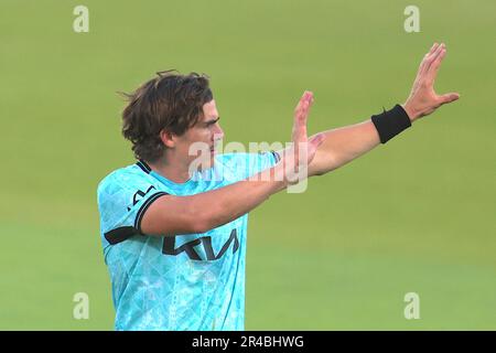 26 maggio, 2023. Londra, Regno Unito. Sean Abbott di Surrey come Surrey prendere Kent nella partita di cricket Vitality T20 Blast al Kia Oval. David Rowe/Alamy Live News. Foto Stock