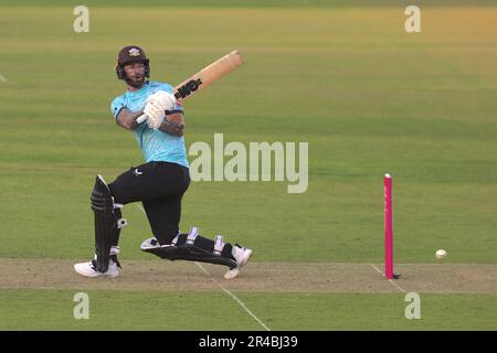 26 maggio, 2023. Londra, Regno Unito. Jordan Clark batting di Surrey mentre Surrey prende il Kent nella partita di cricket Vitality T20 Blast al Kia Oval. David Rowe/Alamy Live News. Foto Stock