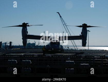 US NAVY A U.S. Corpo marino MV-22 Osprey, assegnato al Tiltrotor Marine Operational Test and Evaluation Squadron Two (VMX-22), si prepara al decollo. Foto Stock