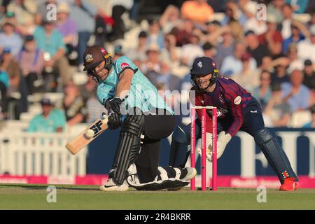 26 maggio, 2023. Londra, Regno Unito. Laurie Evans di Surrey battendo mentre Surrey prende il Kent nella partita di cricket Vitality T20 Blast al Kia Oval. David Rowe/Alamy Live News. Foto Stock