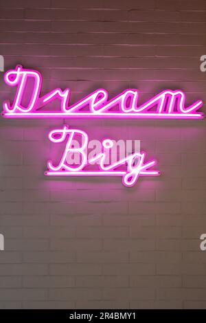 Un chiaro segno al neon rosa su una parete di mattoni che mostra la frase 'Dream Big' Foto Stock