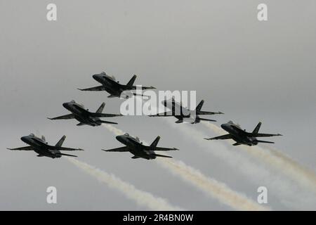 US Navy gli Stati Uniti La squadra di dimostrazione del volo della Marina, la formazione del delta dei Blue Angels, si esibisce durante lo spettacolo Blue Angel Homecoming del 2005. Foto Stock