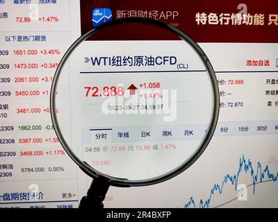 SUQIAN, CINA - 27 MAGGIO 2023 - illustrazione: US WTI Crude Oil Futures, Suqian, provincia di Jiangsu, Cina, maggio 27, 2023. Foto Stock