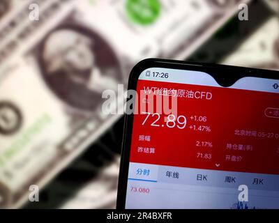 SUQIAN, CINA - 27 MAGGIO 2023 - illustrazione: US WTI Crude Oil Futures, Suqian, provincia di Jiangsu, Cina, maggio 27, 2023. Foto Stock