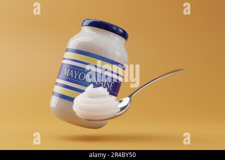 Vasetto di vetro di maionese ha un cucchiaio di out-focus mayo come primo piano e uno sfondo giallo chiaro. Il concetto di salsa cremosa Foto Stock