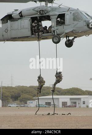 US Navy Marines assegnato a 1st squadra anti-terrorismo flotta, 5th Platoon, corpo della Marina sicurezza forza Europa corda veloce da un elicottero MH-60s Seahawk assegnato ai Chargers of Helicopter Sea Combat Squadro. Foto Stock