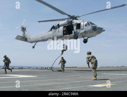 US Navy Marines del 1st Fleet Anti-Terrorism Security Team, 5th Platoon, Marine Corps Security Force Europe corda veloce da un elicottero MH-60s Seahawk assegnato al Chargers of Helicopter Sea Combat Square. Foto Stock