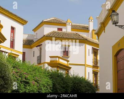 Una casa in vecchio stile con vivaci porte d'ingresso rosse e finestre e finiture gialle, adagiato su di una semplice parete bianca Foto Stock