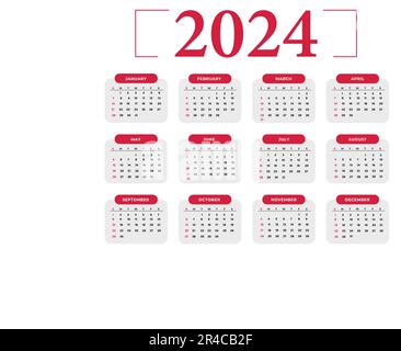 Modello di calendario mensile per 2024 anno. Calendario da parete in stile minimalista. Illustrazione Vettoriale