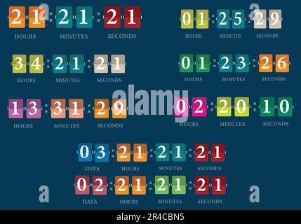Orologio meccanico con conto alla rovescia sul pannello della scheda cifre in stile piatto con colori diversi. Illustrazione vettoriale. Illustrazione Vettoriale