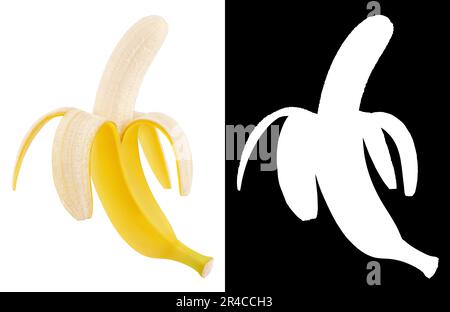 Banana semi sbucciata isolata su fondo bianco. Banana aperta matura con maschera di ritaglio (canale alfa) per un rapido isolamento. Foto Stock