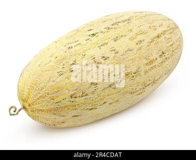 Melone ovale lungo isolato su sfondo bianco. Melone russo uzbeko con percorso di ritaglio. Profondità di campo completa. Foto Stock