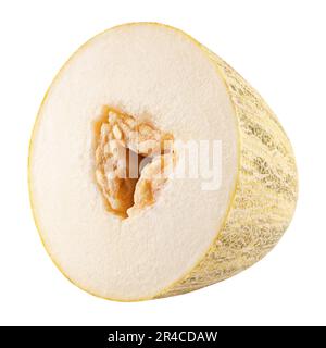 Mezzo melone ovale isolato su sfondo bianco. Uzbeko russo melone metà con clipping percorso. Profondità di campo completa. Foto Stock