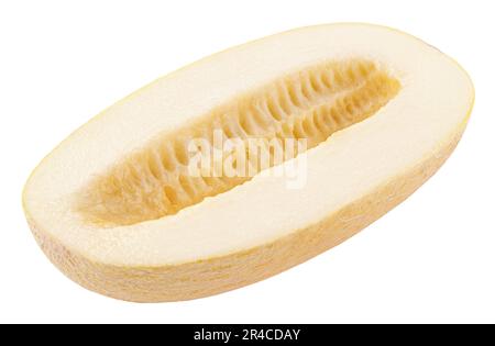 Melone semi ovale isolato su sfondo bianco. Lungo melone uzbeko russo metà con percorso di ritaglio. Profondità di campo completa. Foto Stock