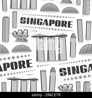 Vector Singapore Seamless Pattern, sfondo ripetuto con illustrazione del famoso paesaggio cittadino di singapore su sfondo bianco per carta da imballaggio, monocro Illustrazione Vettoriale