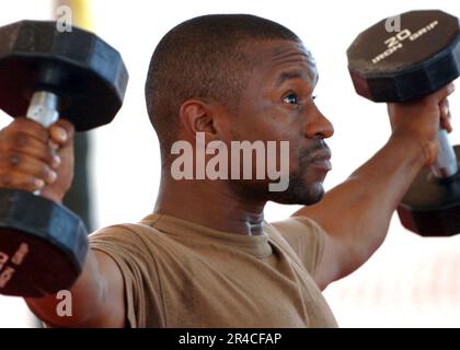 US Navy Equipment Operator 2nd compete nel Camp Lemonier Labor Day strong Man Competition. Foto Stock