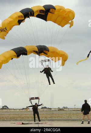 US Navy due Stati Uniti I membri del team del paracadute Army Golden Knight atterrano insieme al Miramar Air Show. Foto Stock