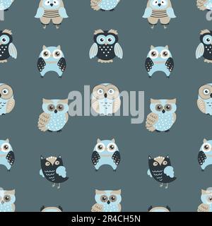 Modello vettoriale senza cuciture con gufi carini. Illustrazione Vettoriale