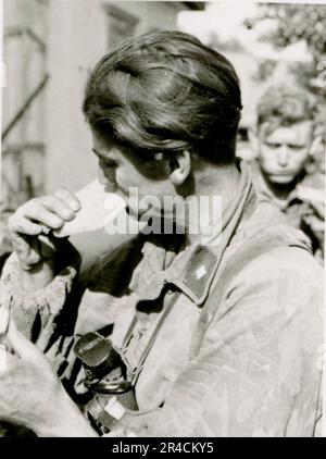 SS fotografo Willi Altstadt, Wiking Division, Russia 1942. Scene del villaggio della zona di Rostov, un Panzer III (con simboli unitari) e granatieri panzer sulla steppa, scene di combattimento lungo un fiume, primi piani della fanteria sul campo con armi individuali e servite dall'equipaggio, attraversamento del fiume (zattere d'assalto e pontone), costruzione di un blocco stradale, prigionieri di guerra russi, I soldati delle SS pescano e nuotano, cerimonia di premiazione delle unità, posto di osservazione affacciato su un fiume e equipaggio di artiglieria pesante con howitzer. Immagini che illustrano le attività in prima linea delle unità Waffen-SS sul fronte occidentale e orientale, i Foto Stock