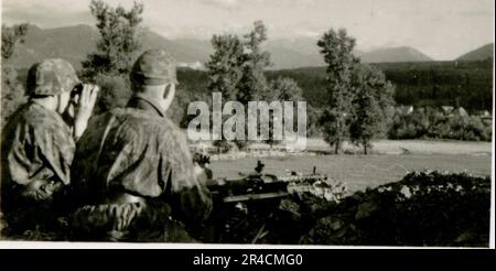 SS fotografo Willi Altstadt, Wiking Division, Russia 1942. Scene del villaggio della zona di Rostov, un Panzer III (con simboli unitari) e granatieri panzer sulla steppa, scene di combattimento lungo un fiume, primi piani della fanteria sul campo con armi individuali e servite dall'equipaggio, attraversamento del fiume (zattere d'assalto e pontone), costruzione di un blocco stradale, prigionieri di guerra russi, I soldati delle SS pescano e nuotano, cerimonia di premiazione delle unità, posto di osservazione affacciato su un fiume e equipaggio di artiglieria pesante con howitzer. Immagini che illustrano le attività in prima linea delle unità Waffen-SS sul fronte occidentale e orientale, i Foto Stock