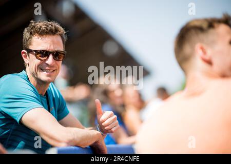 Gotzis, Austria. 27th maggio, 2023. L'allenatore di atletica belga Joffray Baune è visto all'evento maschile di decathlon il primo giorno dell'Hypo-Meeting, IAAF World Combined Events Challenge, nello stadio Mosle di Gotzis (Austria), sabato 27 maggio 2023. FOTO DI BELGA JASPER JACOBS Credit: Belga News Agency/Alamy Live News Foto Stock