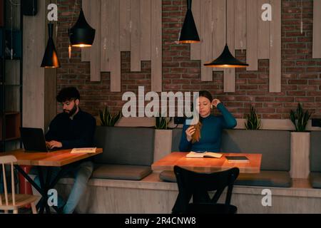 Due uomini d'affari che lavorano al bar, uno sul computer portatile e l'altro che legge un libro Foto Stock