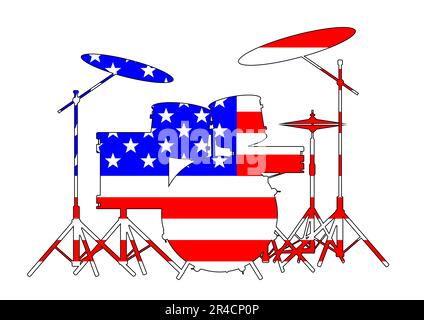 Silhouette di un drum kit rock band isolato su bianco e inset con le stelle Old Glory e la bandiera a strisce Foto Stock