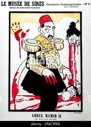 Abdul hamid II, il sultano rosso. Caricatura politica raffigura il sultano con le mani nel sangue. Le musée de sires 1896 Foto Stock