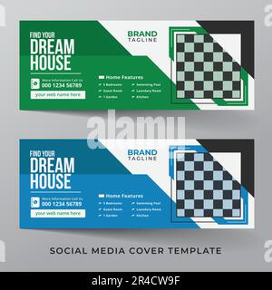 Design del modello di copertina dei social media immobiliari, foto della copertina dei social media degli appartamenti privati o design del modello di banner con variante a 4 colori Illustrazione Vettoriale