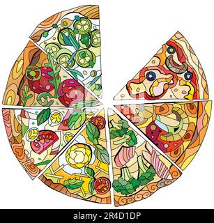 Fette di pizza in stile decorativo su sfondo bianco. Illustrazione del vettore isolato. Icona del ristorante impostata. Pizza composta da sette fette Illustrazione Vettoriale