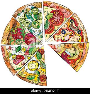 Fette di pizza in stile decorativo su sfondo bianco. Illustrazione del vettore isolato. Icona del ristorante impostata. Pizza composta da sette fette Illustrazione Vettoriale