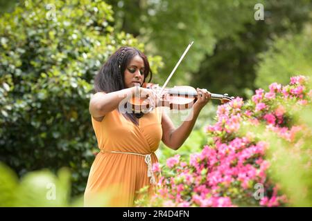 Bella donna nera che suona il violino in un parco a Parigi Foto Stock