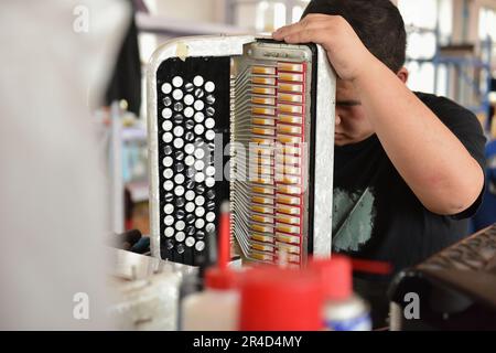 (230527) -- TIANJIN, 27 maggio 2023 (Xinhua) -- Un operaio verifica una fisarmonica presso un laboratorio della Tianjin Yingwu Musical Instrument Co., Ltd. Nella città di Zhongwang, nel distretto di Jinghai, a Tianjin, nella Cina settentrionale, il 25 maggio 2023. Tianjin Yingwu Musical Instrument Co., Ltd. È un'azienda con 71 anni di storia nella produzione di fisarmoniche. Negli anni '1950s, il suo predecessore Tianjin Musical Instrument Factory produsse la prima fisarmonica nella nuova Cina, con un marchio chiamato 'Yingwu'. Da allora, le fisarmoniche Yingwu prodotte qui sono diventate famose sia in patria che all'estero. Negli ultimi anni, l'impresa è stata in esecuzione Foto Stock