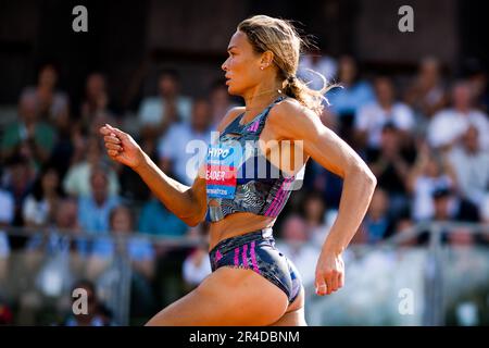 Gotzis, Austria. 27th maggio, 2023. US Anna Hall ha mostrato in azione durante il 200m femminile, in occasione della manifestazione femminile di eptathlon il primo giorno dell'Hypo-Meeting, IAAF World Combined Events Challenge, nello stadio Mosle di Gotzis, Austria, sabato 27 maggio 2023. FOTO DI BELGA JASPER JACOBS Credit: Belga News Agency/Alamy Live News Foto Stock