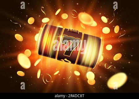 Casinò. Macchina a rotazione con jackpot online, gioco di denaro, vinci denaro contante o oro nella lotteria di successo, 777 grande fortunato vincitore. Banner del gioco d'azzardo con 3 Illustrazione Vettoriale