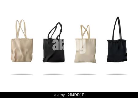 Borsa tote mockup. Shopping in tela, borse ecologiche in bianco e nero per la spesa di alimentari, tessuto di cotone. Raccolta della confezione vuota. 3d ecologico isolato Illustrazione Vettoriale